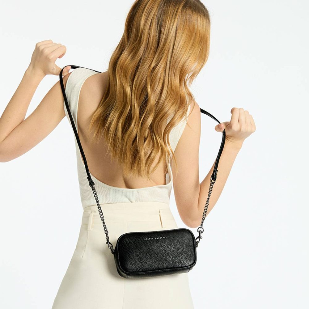 Women Black Bag Straps Status Anxiety Leather Strap With Chain - Black - Image 3