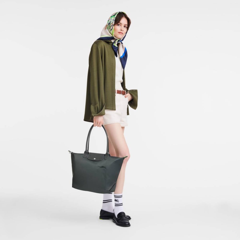 Longchamp Graphite Women Le Pliage Green L Tote Bag Graphite - Recycled Canvas Shoulder Bags