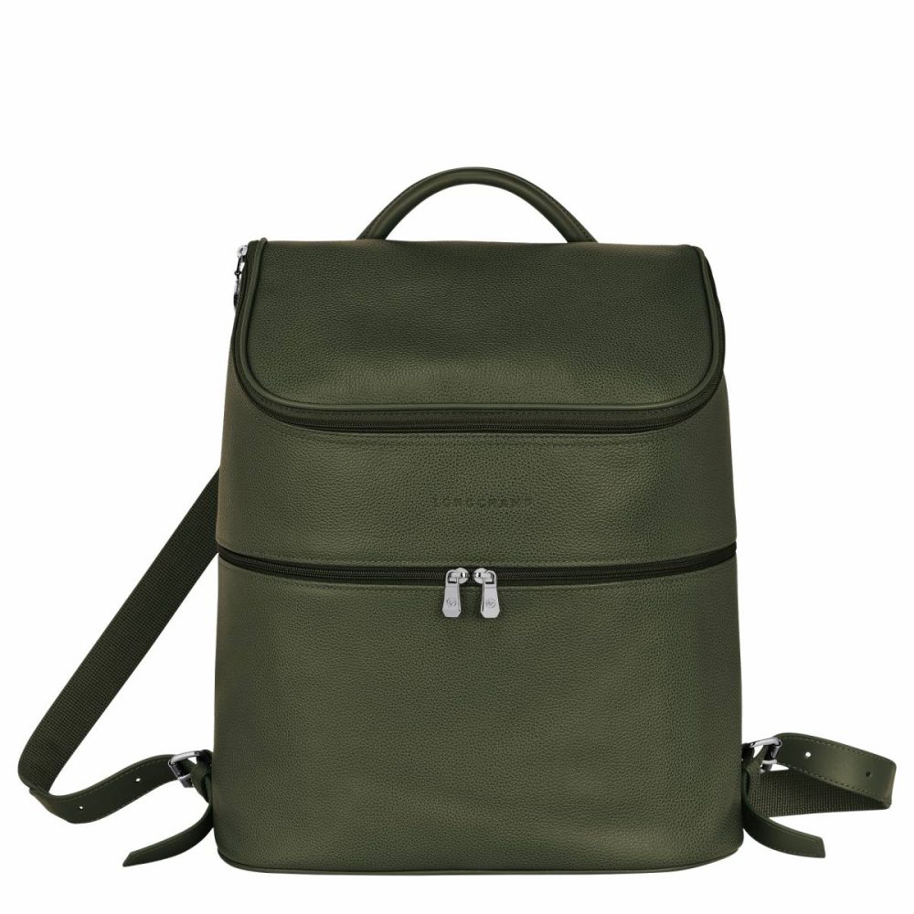 Longchamp Leather Bags Women Le Foulonné Backpack Khaki - Leather Khaki