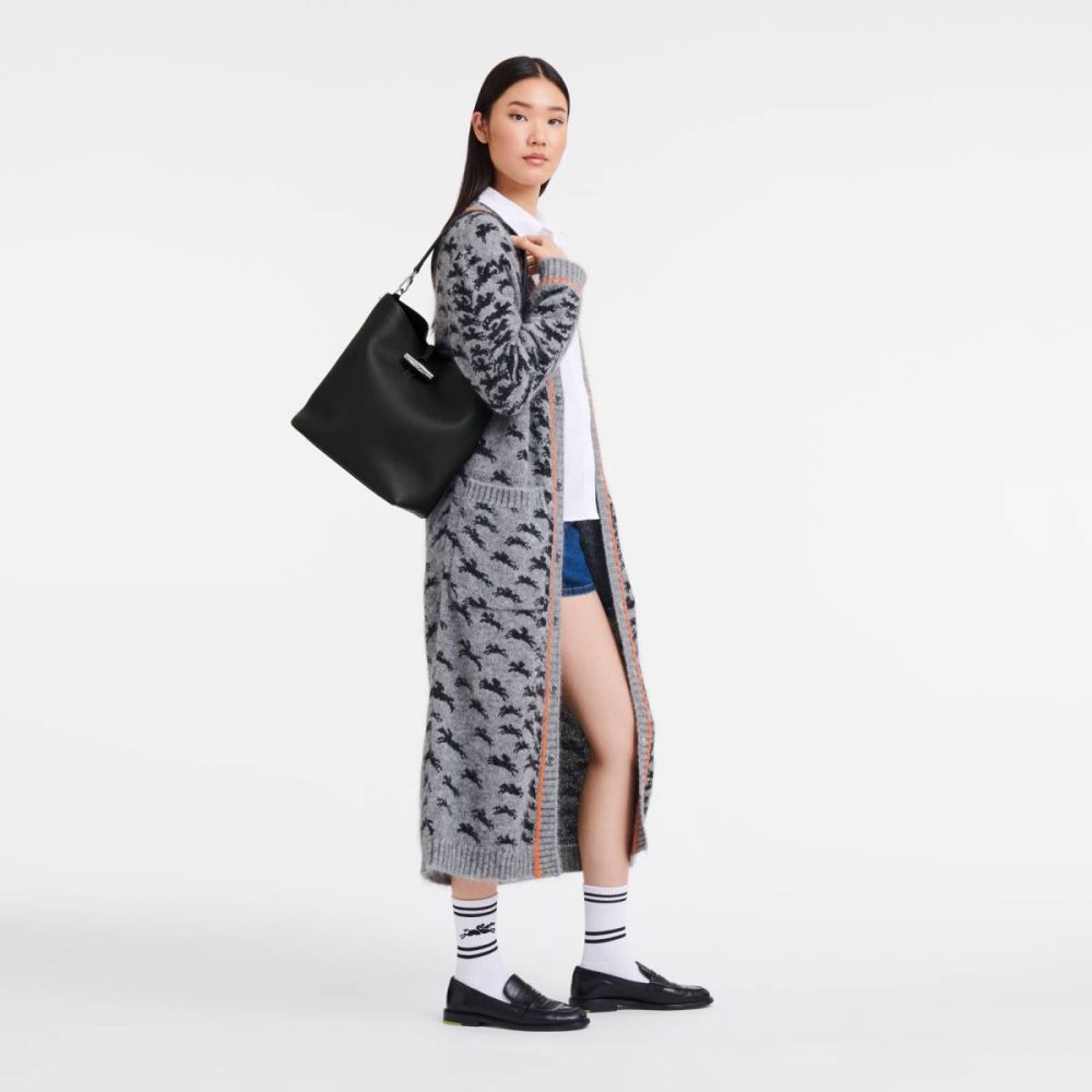 Women Le Roseau M Shoulder Bag Black - Leather Leather Bags Black Longchamp - Image 2