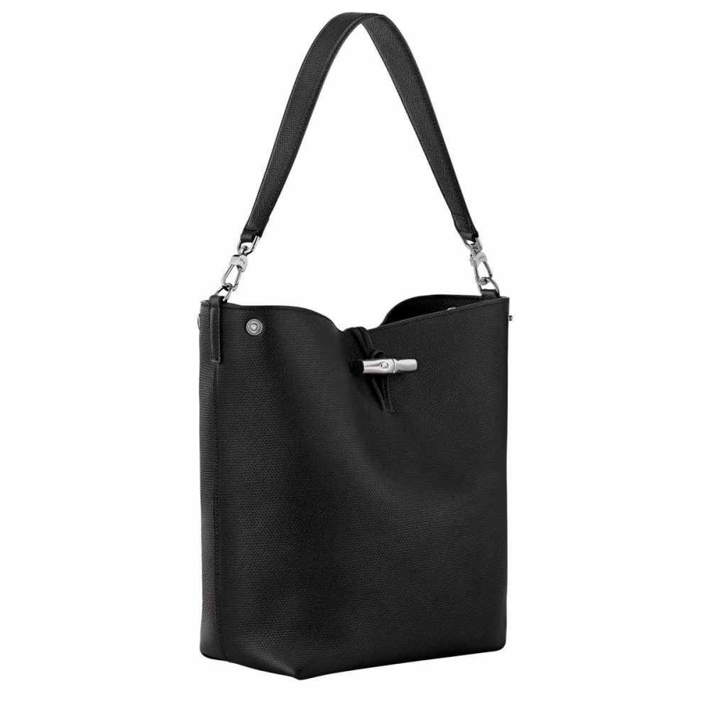 Women Le Roseau M Shoulder Bag Black - Leather Leather Bags Black Longchamp - Image 3