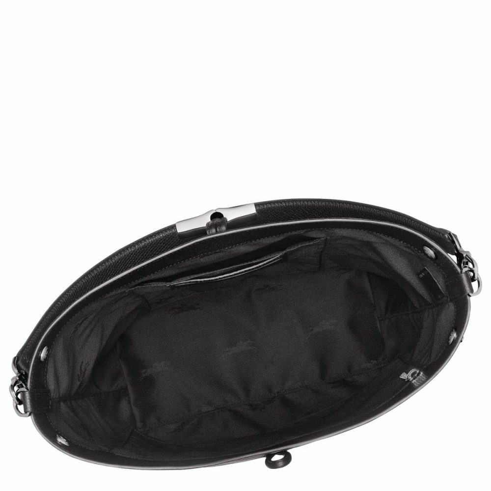 Women Le Roseau M Shoulder Bag Black - Leather Leather Bags Black Longchamp - Image 5