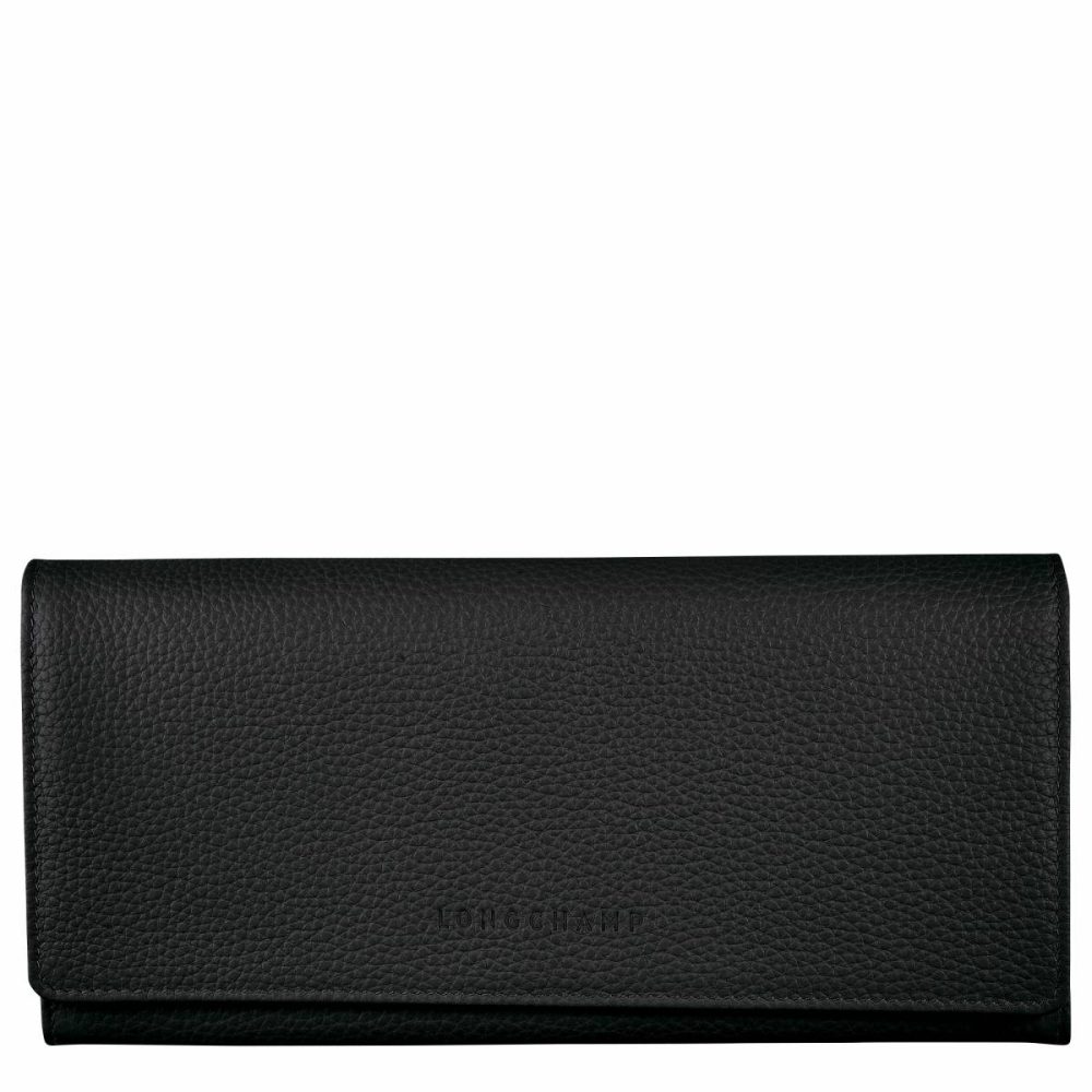 Women Longchamp Leather Wallets Black Le Foulonné Continental Wallet Black - Leather